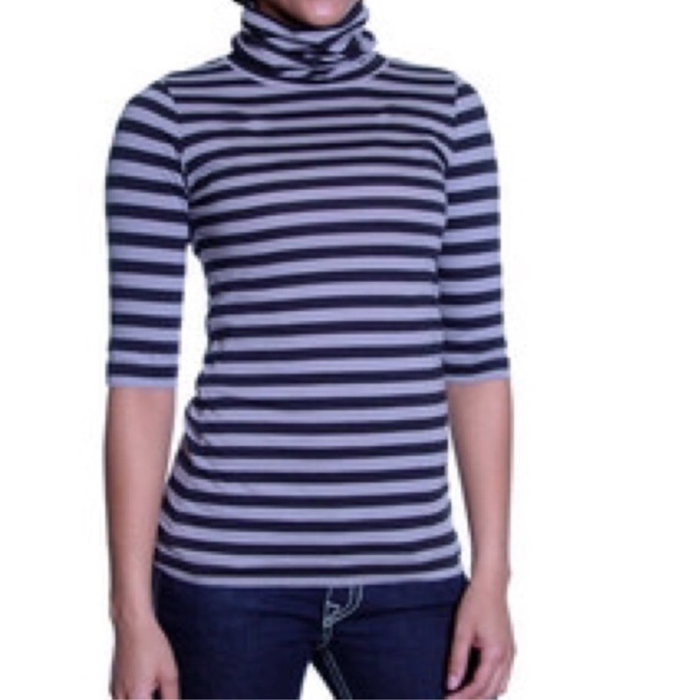 Vince Striped Turtleneck Taupe & Navy Stretch Top, 3/4 sleeve, Size XS